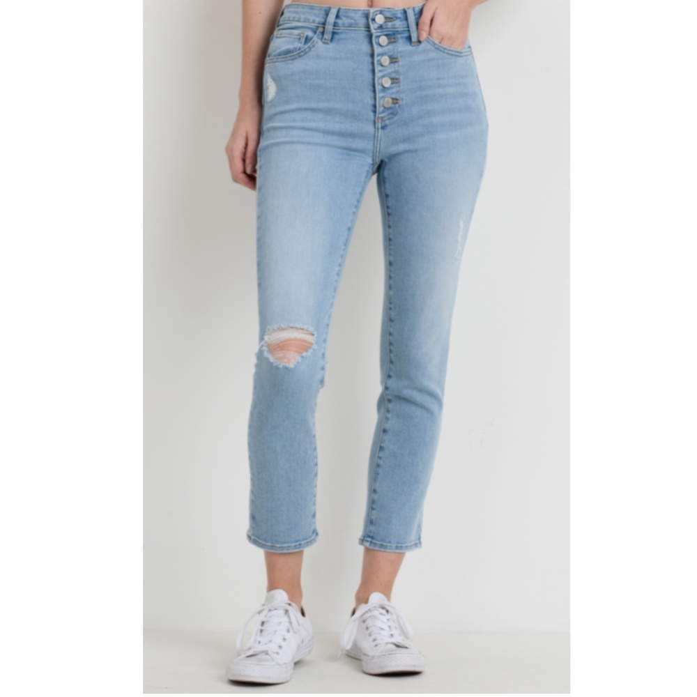 High Rise Skinny Jeans 26 EUC Cropped Distressed Exposed Button Fly Light Wash
